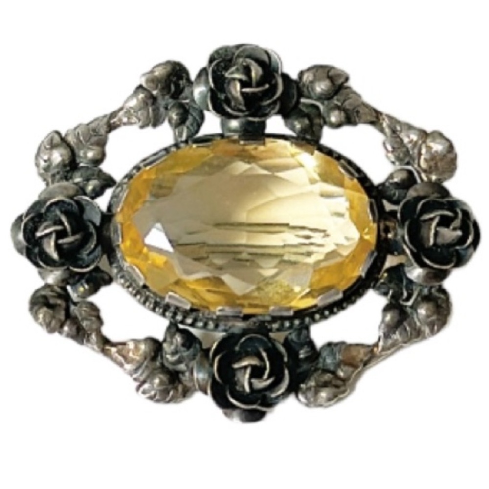 Vintage sterling silver rose frame yellow oval stone brooch pin - Picture 9 of 9